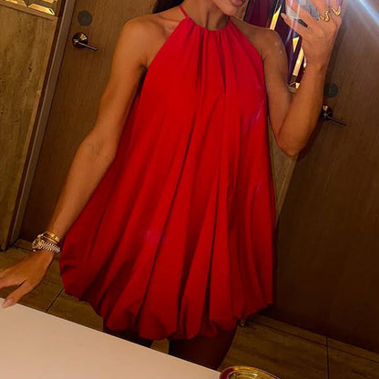 Women’s Halter Mini Dress – Lightweight Chiffon – A-Line Fit – Pleated Neckline