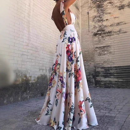 Women’s Maxi Dress – Floral Print – Sleeveless Backless A-Line – Spaghetti Straps