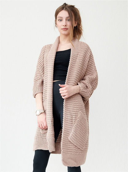 Women’s Knitted Coat – Oversized Fit – Chunky Wool Blend – Open Front – Patch Pockets