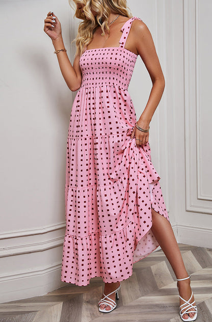 Women’s Maxi Dress – Smocked Bodice – Adjustable Tie Straps – Tiered A-Line – Backless
