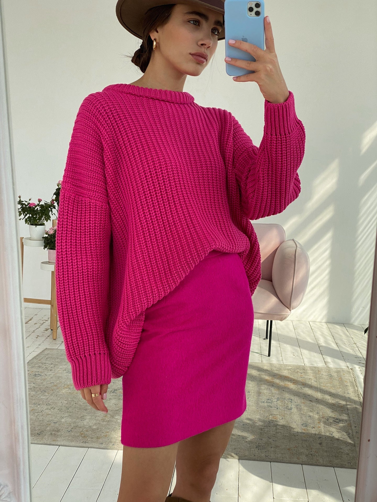 Ribbed Oversized Knit Crew Neck Sweater 