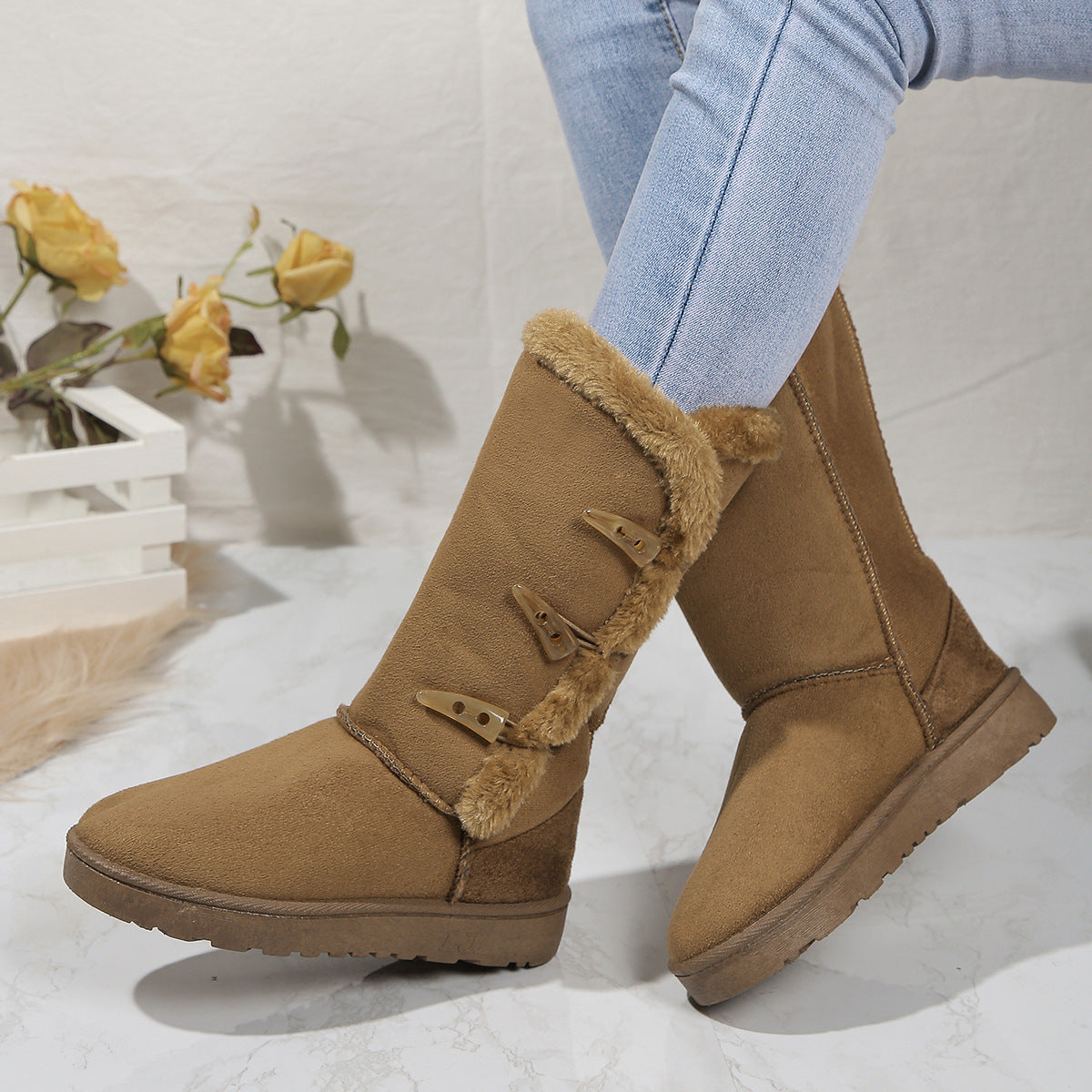 Faux Suede Faux Fur Lined Mid-Calf Boots
