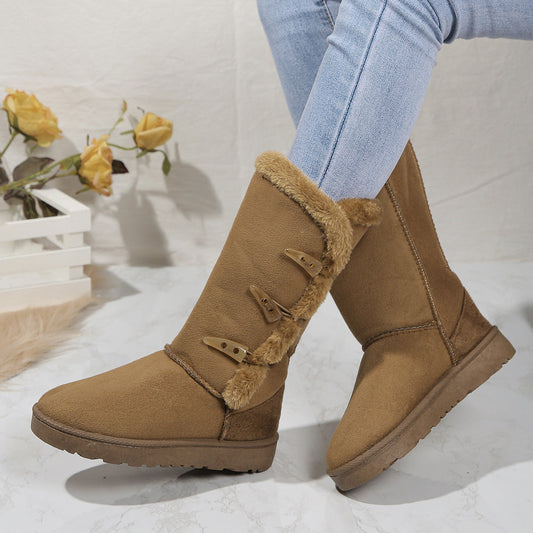 Faux Suede Faux Fur Lined Mid-Calf Boots