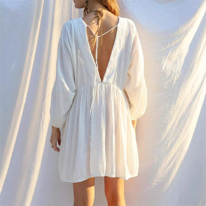 Women’s Mini Dress – Lightweight Sheer Fabric – A-Line Flowy Fit – V-Neck Long Sleeve
