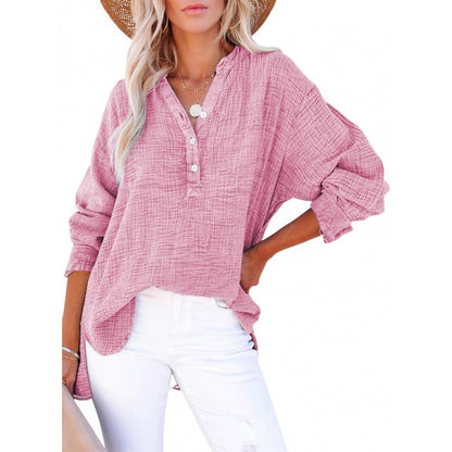 Women's Button-Up Blouse - V-Neck Loose Fit - Long Sleeve Casual Wear