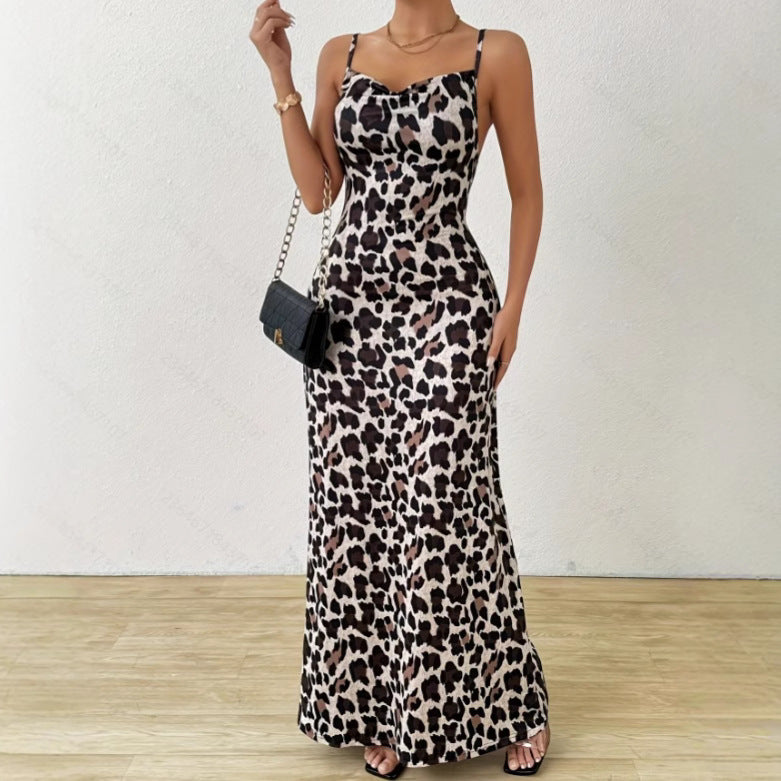 Women’s Sleeveless Dress – Slim Fit – Leopard Print – Full Length with Side Slit