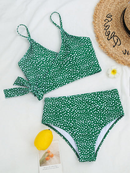 Women's Bikini Set - Wrap Top with Tie Front - High-Waisted Retro Fit - Polka Dot Pattern