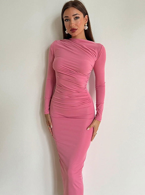 Ruched Bodycon Fit Long Sleeve Maxi Dress