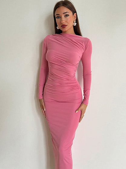 Women’s Maxi Dress - Bodycon Fit - Long Sleeve - High Neck - Elegant Ruched Design