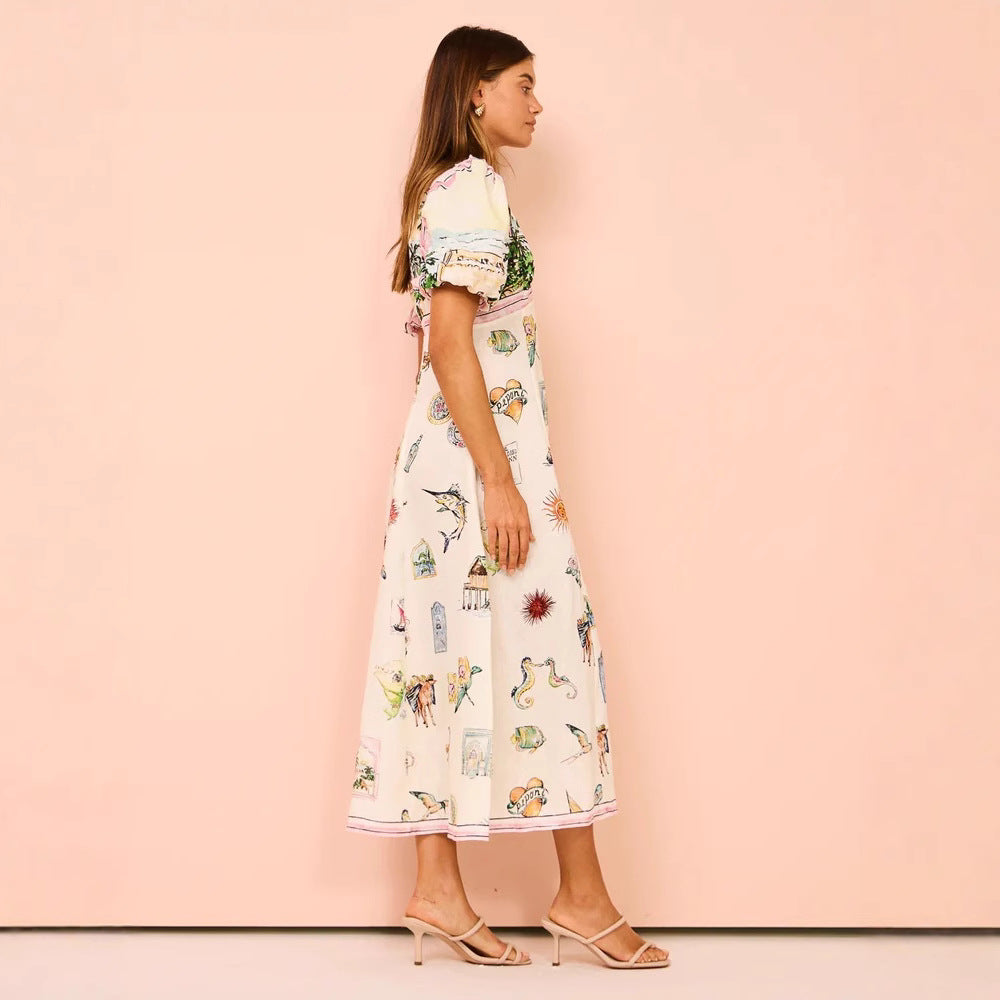 Women’s A-Line Dress – Full Length – Puff Sleeve – Cotton Blend – Artistic Print