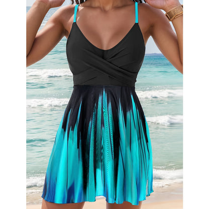 Women’s Swim Dress – A-Line Fit – Wrap V-Neck – Adjustable Straps – Quick Dry