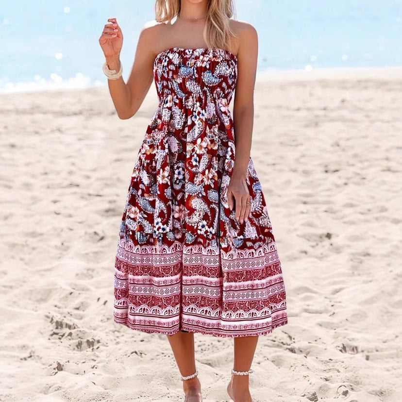 Women’s Strapless Dress – Cotton Blend – Flared Fit – Floral Print – Midi Length