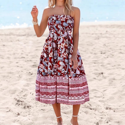 Women’s Strapless Dress – Cotton Blend – Flared Fit – Floral Print – Midi Length