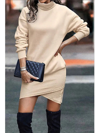 Women’s Sweater Dress – Relaxed Fit – Cotton Blend – High Collar – Asymmetric Hem
