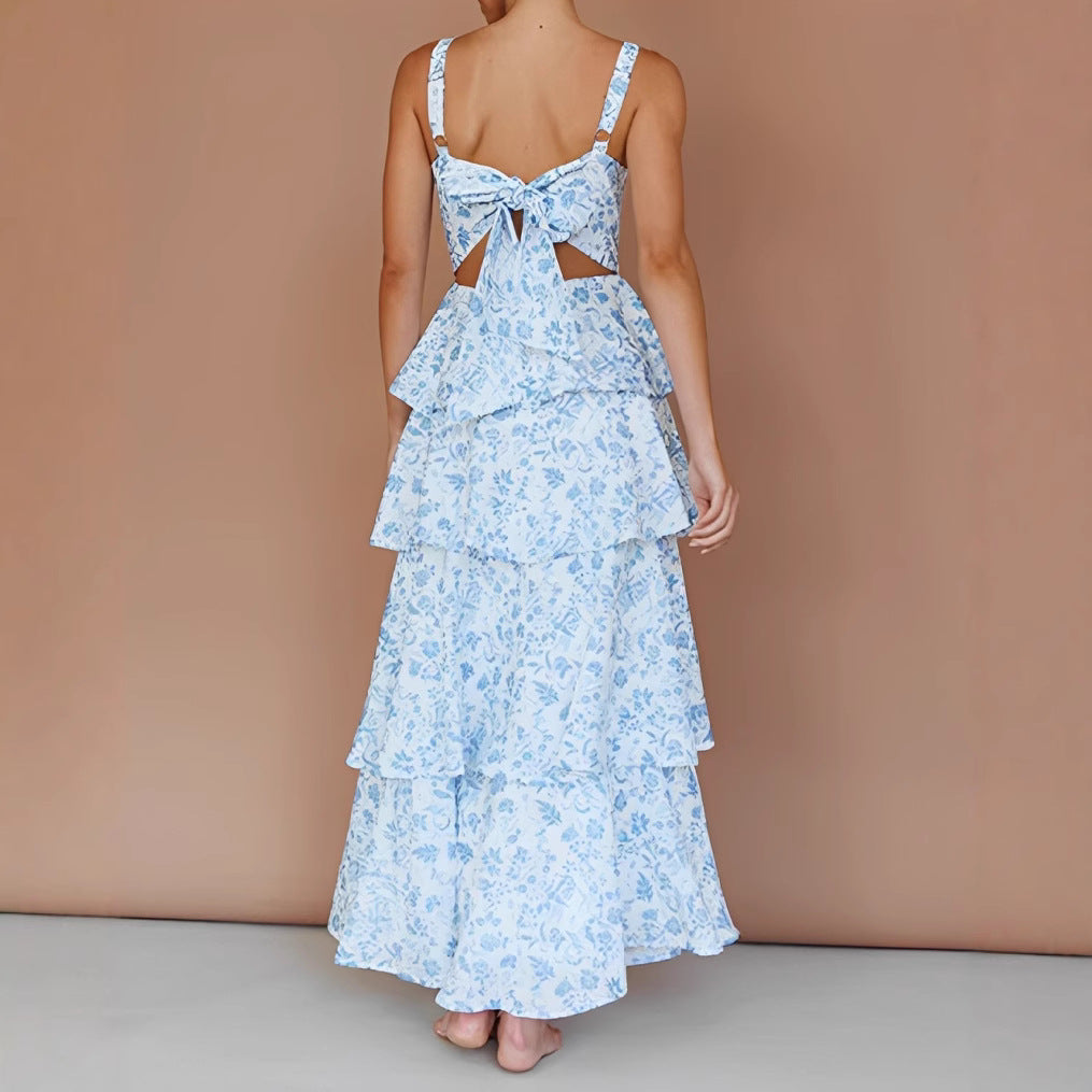 Women’s Midi Dress – A-Line Fit – Floral Print – Tiered – Sleeveless Strappy Design