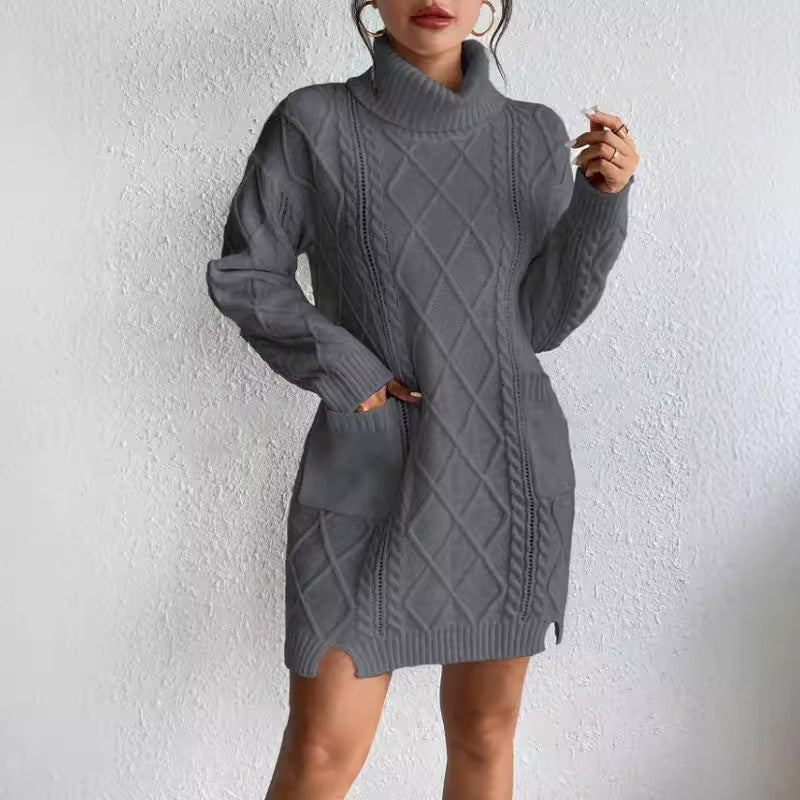 Women’s Sweater Dress – Slim Fit – Cable Knit – High Neck – Long Sleeve Mini