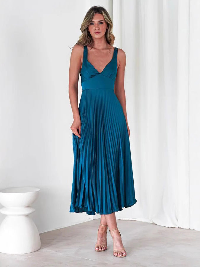 Women’s Midi Dress – Satin Finish – V-Neck – Ruched Bodice – Pleated Skirt – Spaghetti Straps