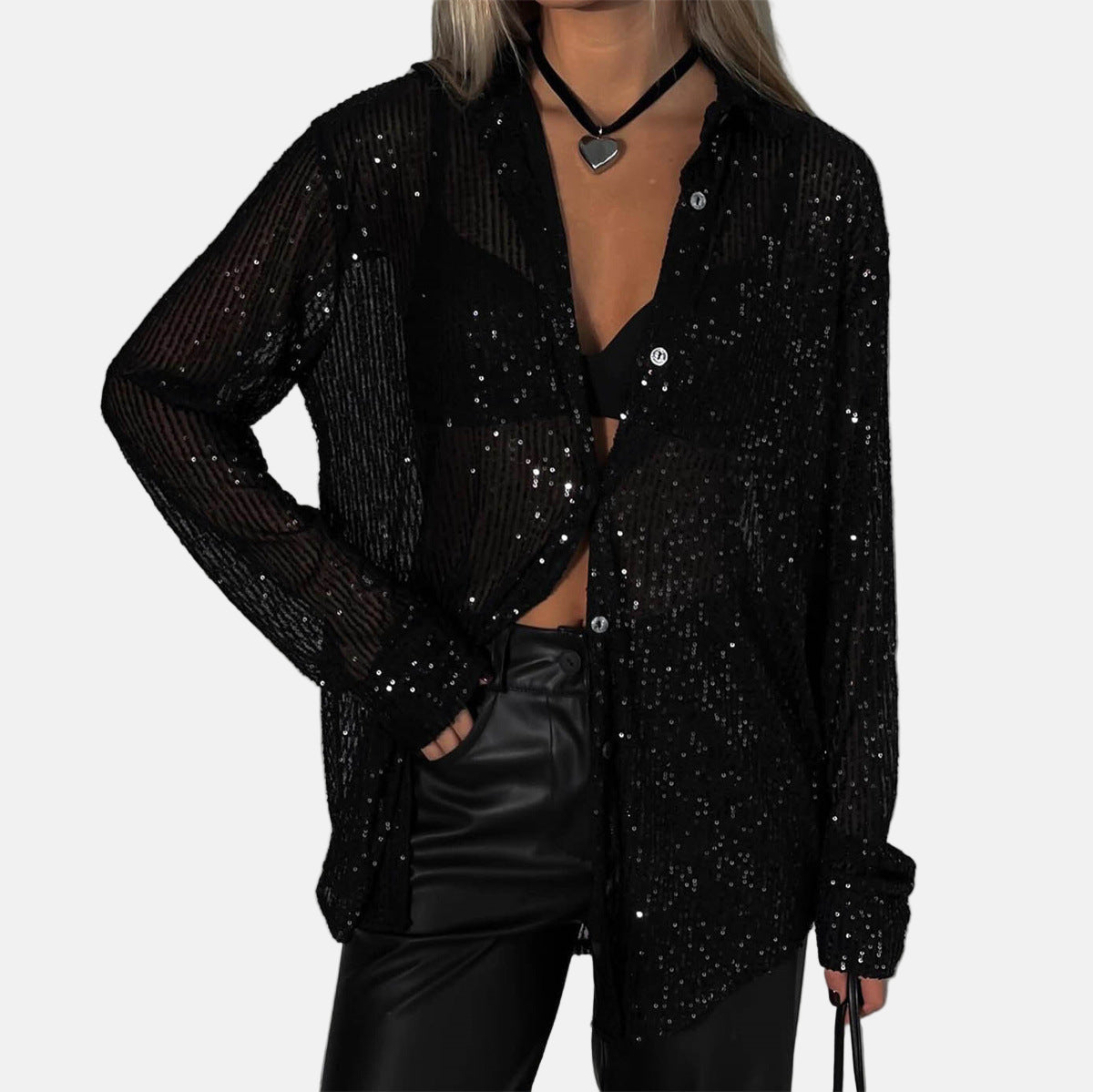 Elegant Sequin Long Sleeve Button-Up Shirt