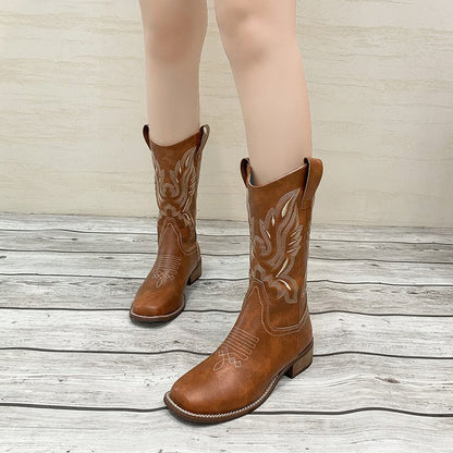 Women’s Boots - Leather - Mid-Calf - Embroidered Western Design - Squared Toe - Block Heel