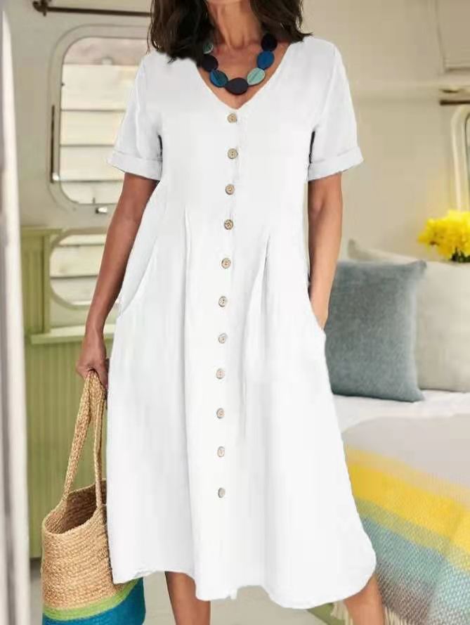 V-Neck Button-Front Short Sleeves Midi Dress