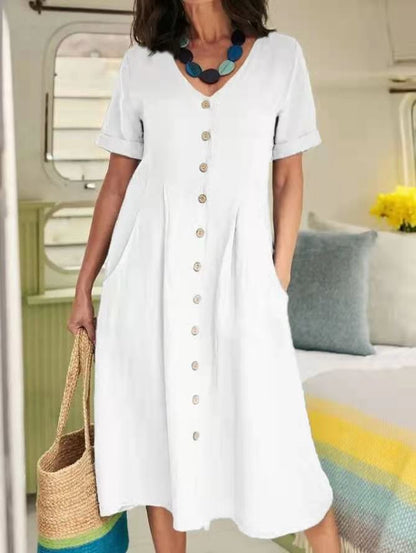 Women's V-Neck Button-Front Midi Dress - Short Sleeves