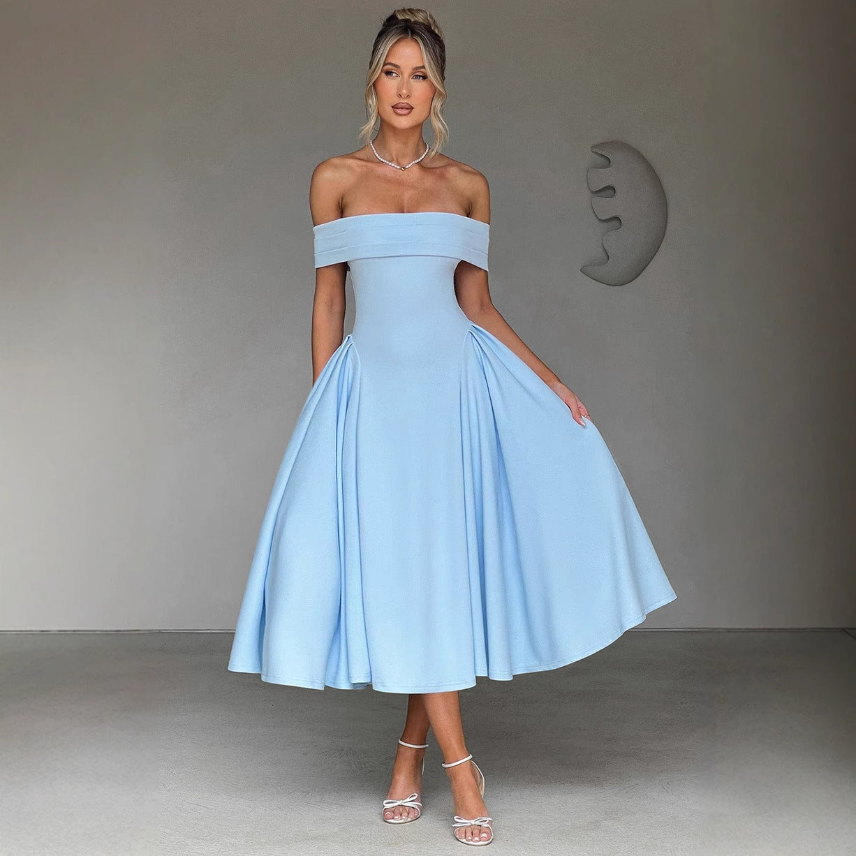 Women’s Midi Dress – Off Shoulder – A-Line Fit – Structured Bodice – Formal Wear