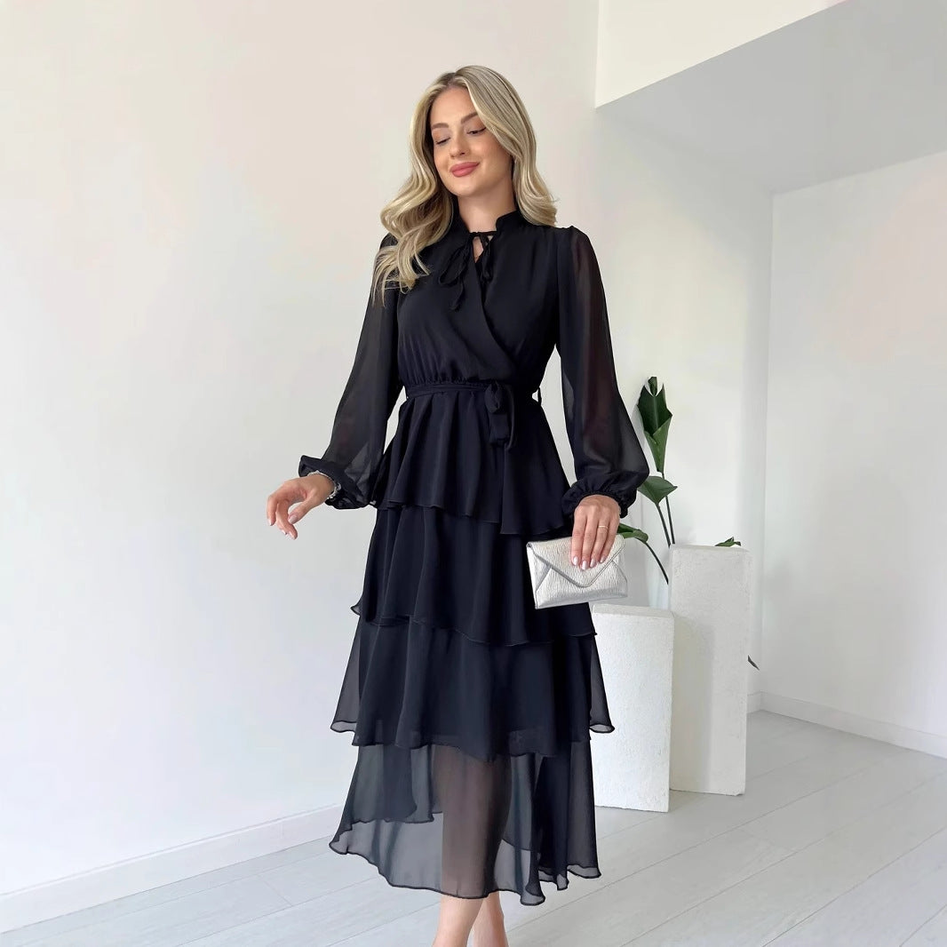 Women’s Chiffon Dress – Tiered A-Line Midi – Long Sleeve – High Neck Tie Waist