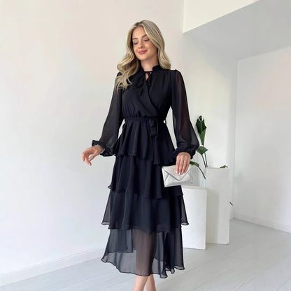 Women’s Chiffon Dress – Tiered A-Line Midi – Long Sleeve – High Neck Tie Waist