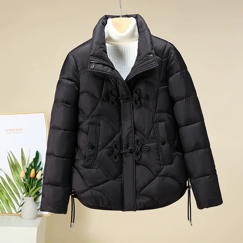 Quilted Geometric Pattern Puffer Jacket With Adjustable Hem 
