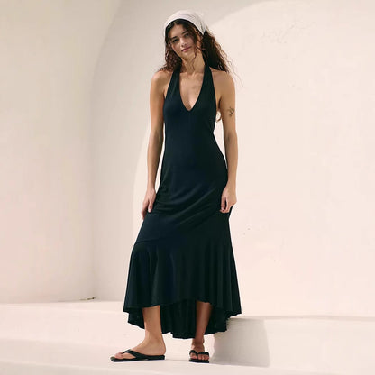 Women’s Maxi Dress – Flowy Fit – Pleated Skirt – Halter V-Neck – Lightweight Fabric