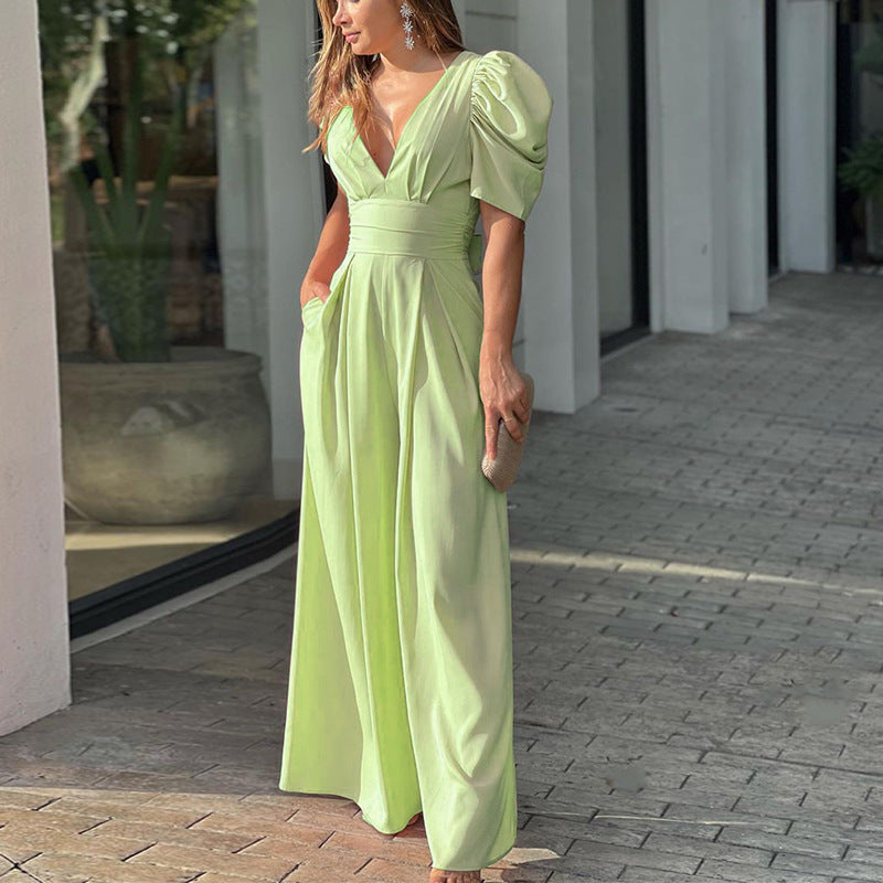 Women’s Jumpsuit – Wide Leg – Puff Sleeve – V-Neck – Cinched Waist – Formal Fit
