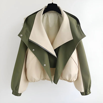 Women’s Short Jacket – Oversized Relaxed Fit – Two-Tone – Blouson Hem – Wide Lapel