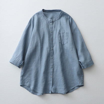 Women’s Button-Down Shirt – Oversized Fit – Three-Quarter Sleeve – Natural Fibers