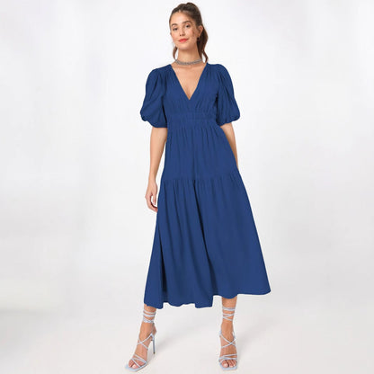Women’s Midi Dress – Deep V-Neck – Puff Sleeves – Fitted Waist – Tiered Skirt