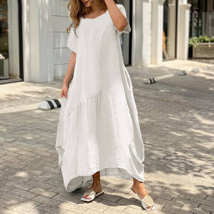 Women's Midi Dress - Short Sleeve Loose Fit - Lightweight Linen - Round Neck