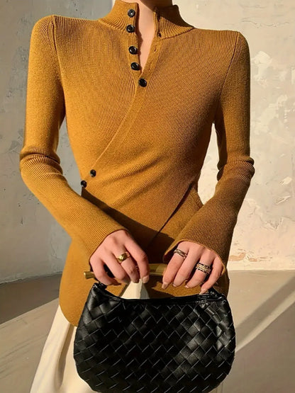Women's high neck wrap style irregular hem knit top