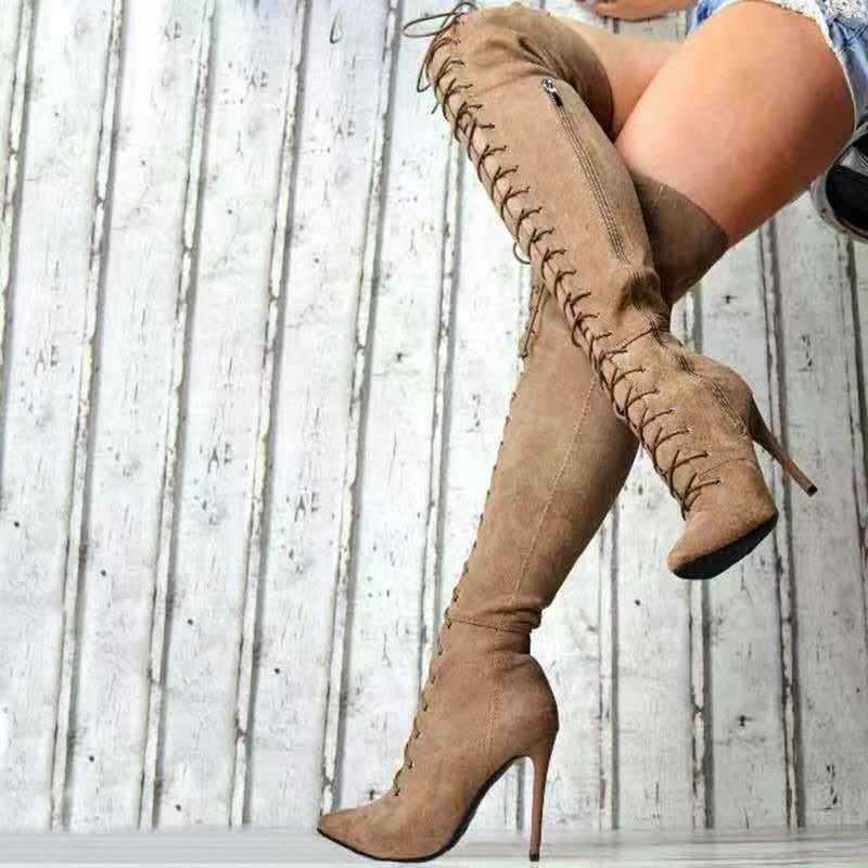 Women’s Boots - Faux Suede - Over-The-Knee - Lace-Up Front - Pointed Toe