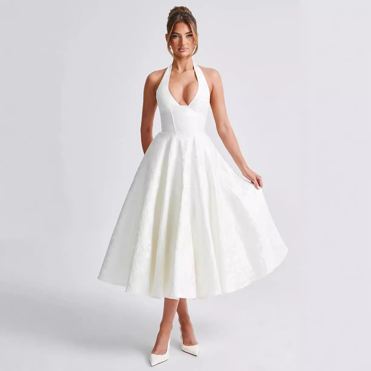 Jacquard Fabric Tie Waist Halter Maxi Dress