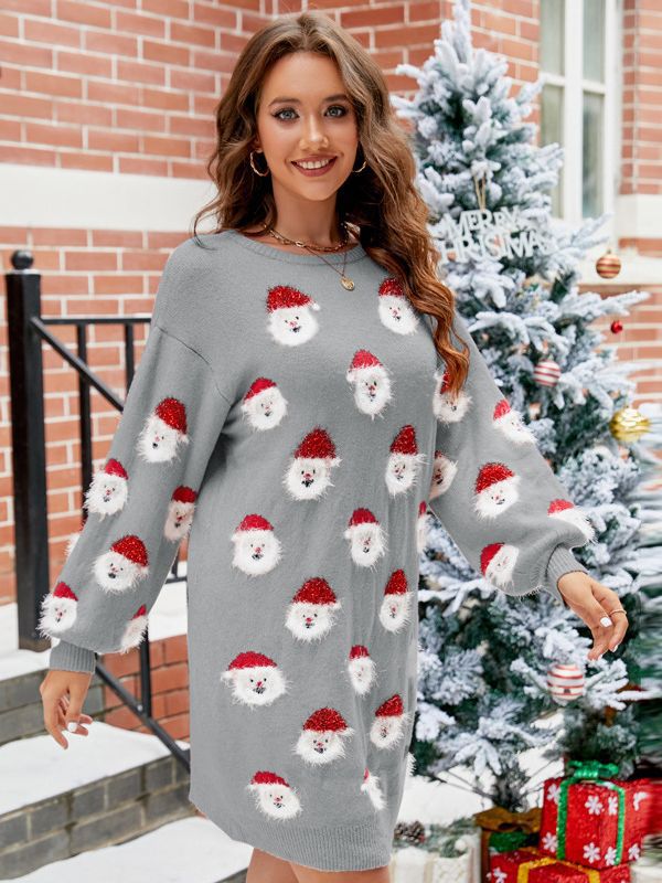 Women’s Sweatshirt Dress – Knit Fabric – Loose Fit – Balloon Sleeves – Mini Length