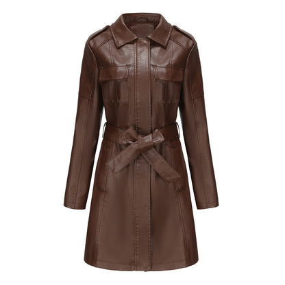 Women’s Mid-Length Jacket – Structured Fit – Faux Leather – Epaulets – Zipper Closure
