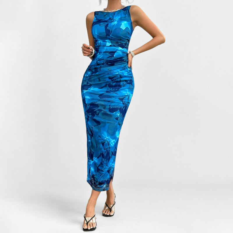 Women’s Sleeveless Dress – Slim Fit – Midi Length – Abstract Print – Side Slit