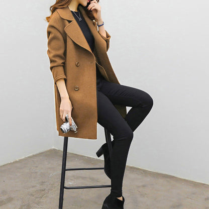 Women’s Coat - Wool - Double Breasted - Notched Lapel - Mid-Thigh Length