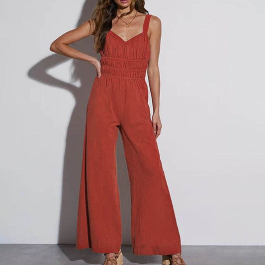 Linen Wide-Leg Elastic Waist Jumpsuit