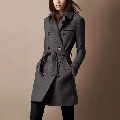 Women’s Coat – Slim Fit – Wool Blend – Double-Breasted – Belted Waist – Mid-Thigh
