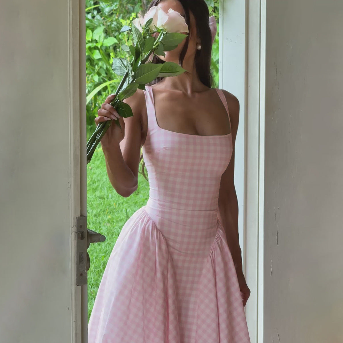 Checkered Cotton Blend Princess Silhouette Midi Dress