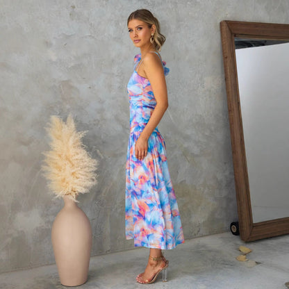 Women’s Spaghetti Strap Dress – Mesh Fabric – Ruffled Shoulder – Abstract Print – Midi Length