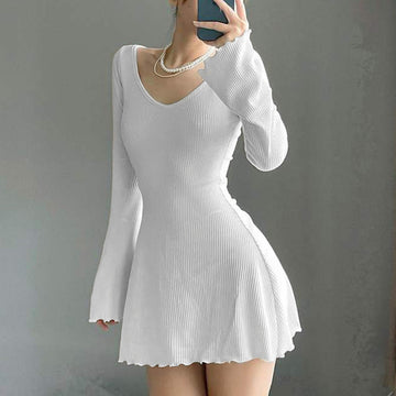 Franie - round neck long sleeve lacework hem mini dress