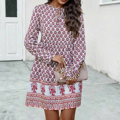 Women's Boho Midi Dress - Lightweight Flowy Fit - Long Sleeve Vintage Style