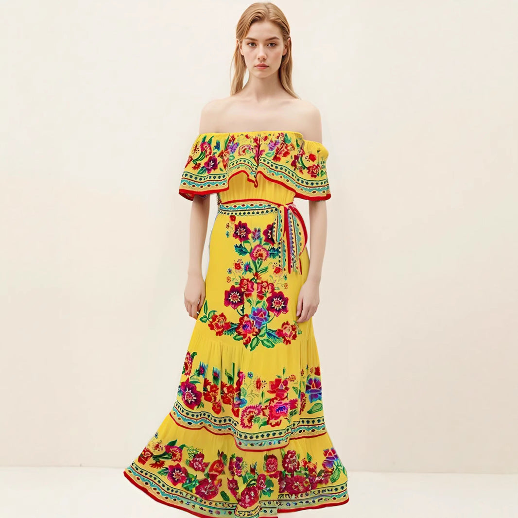 Women’s Maxi Dress – Off-Shoulder – Floral Print – Ruffled Bodice – Tiered Skirt