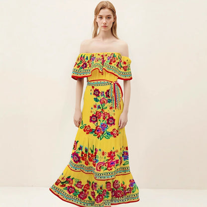 Women’s Maxi Dress – Off-Shoulder – Floral Print – Ruffled Bodice – Tiered Skirt